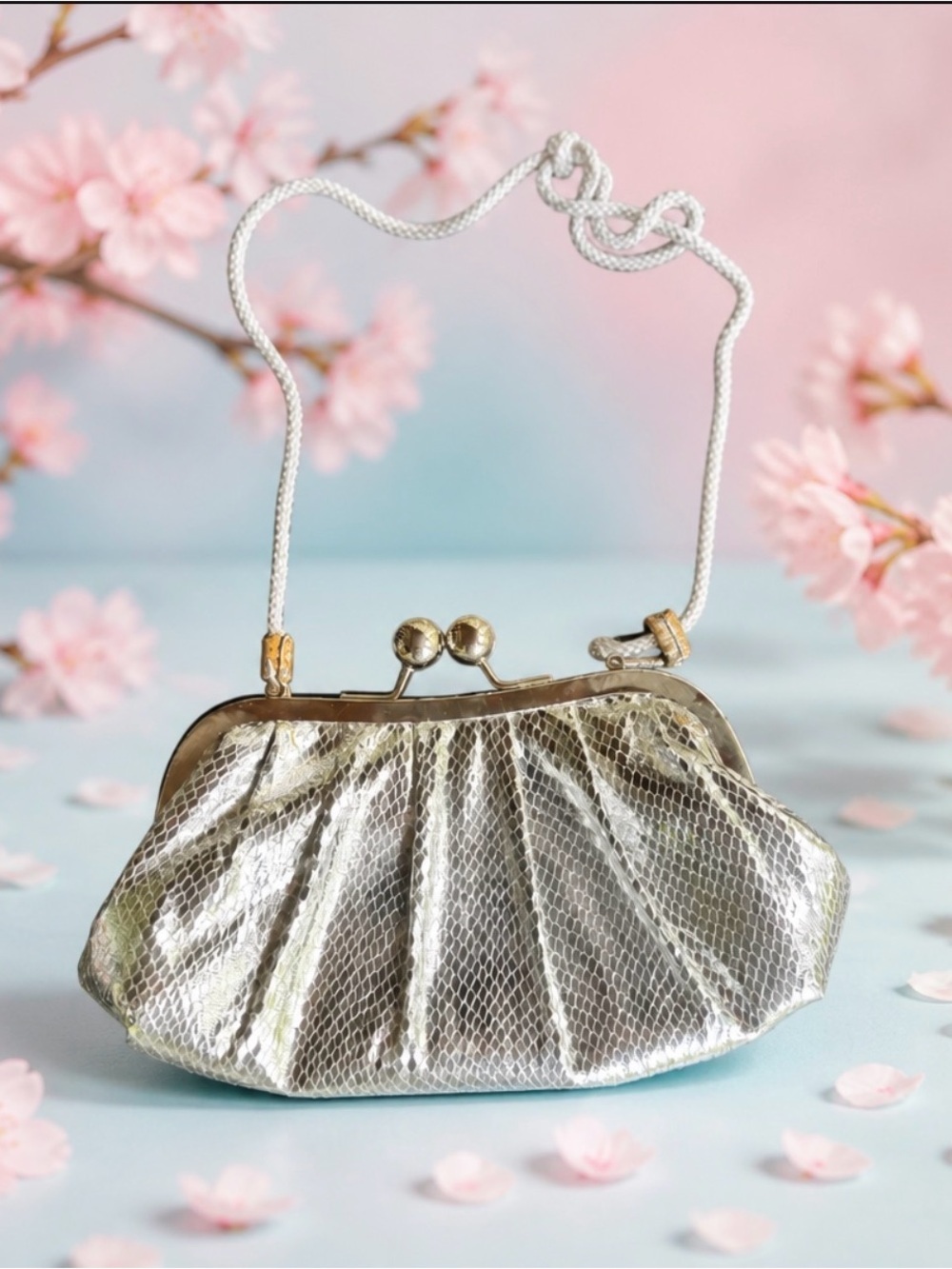 Silver Metallic Clasp Evening Bag with Rope Strap
